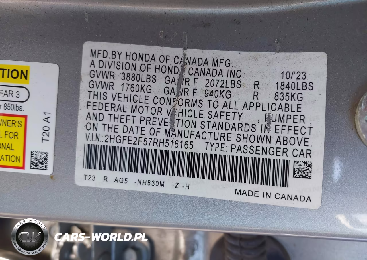 2024 Honda Civic Sport VIN:2HGFE2F57RH516165 - 9