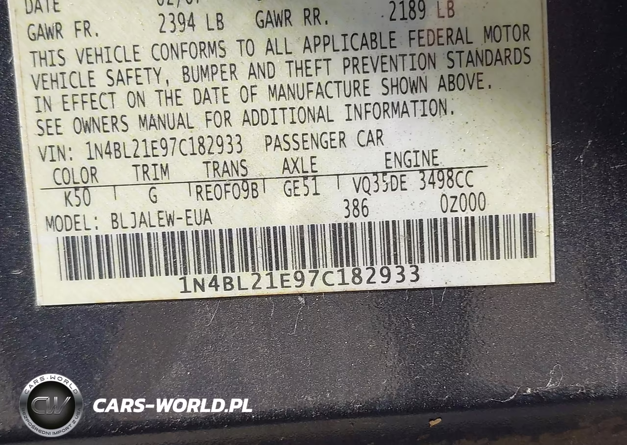 2007 Nissan Altima 3.5 Sl VIN:1N4BL21E97C182933 - 9