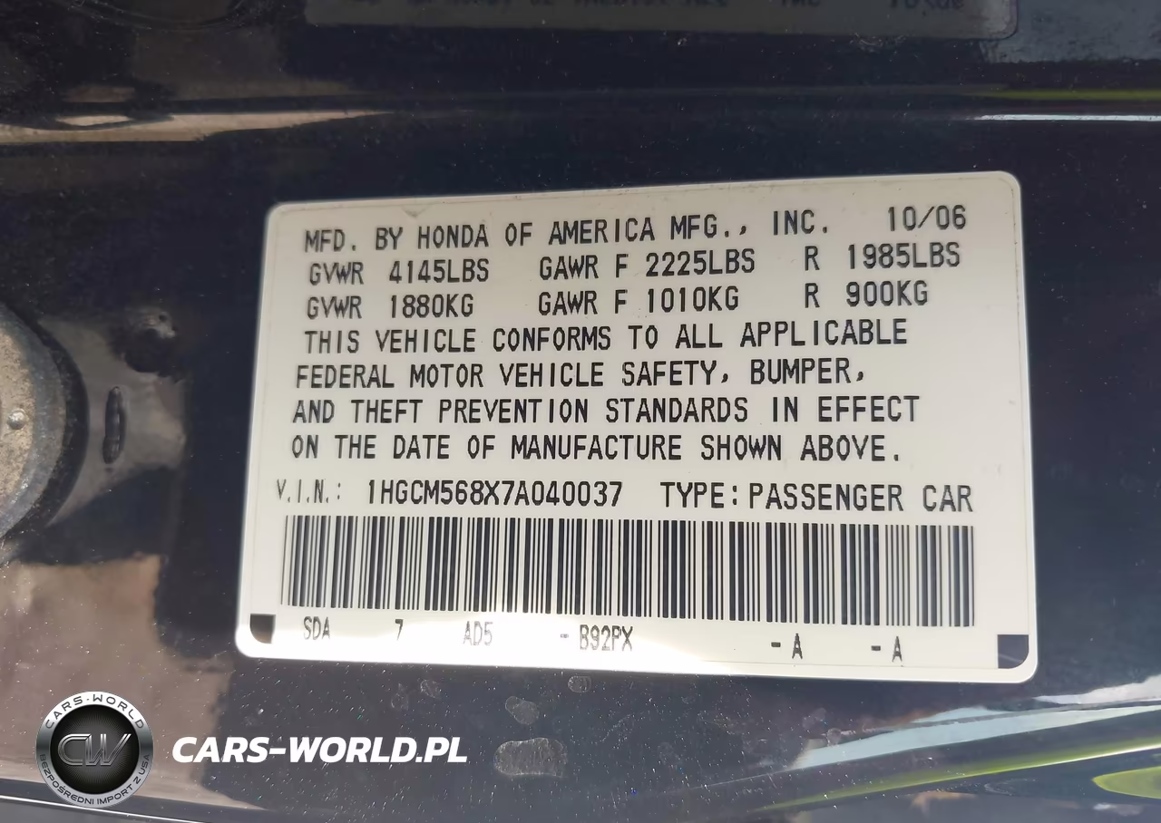 2007 Honda Accord 2.4 Ex VIN:1HGCM568X7A040037 - 9