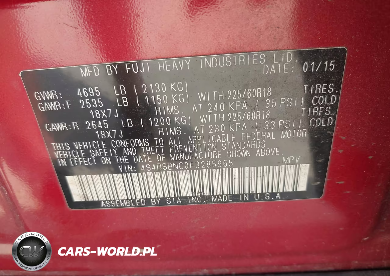 2015 Subaru Outback 2.5I Limited VIN:4S4BSBNC0F3285965 - 9