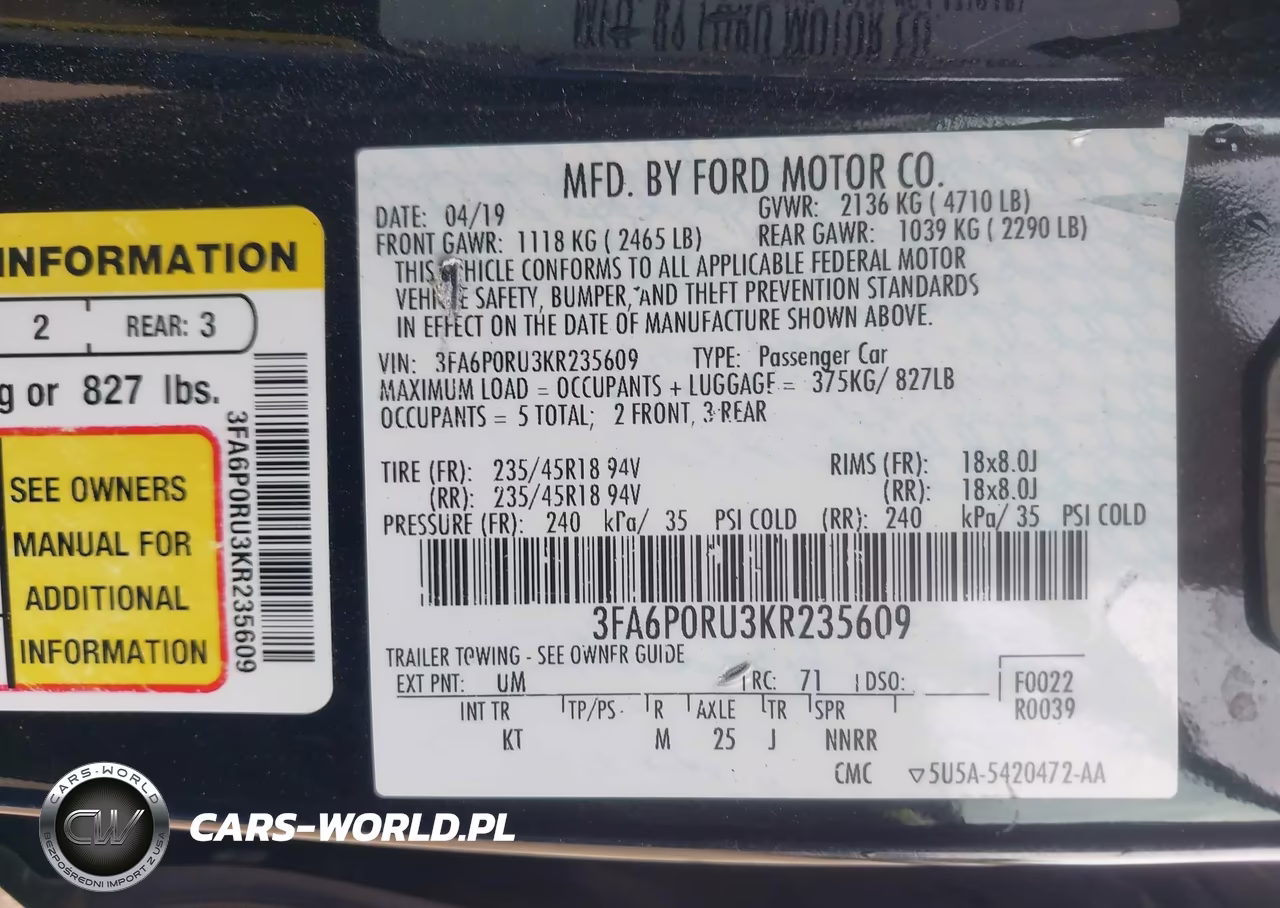 2019 Ford Fusion Hybrid Titanium VIN:3FA6P0RU3KR235609 - 9