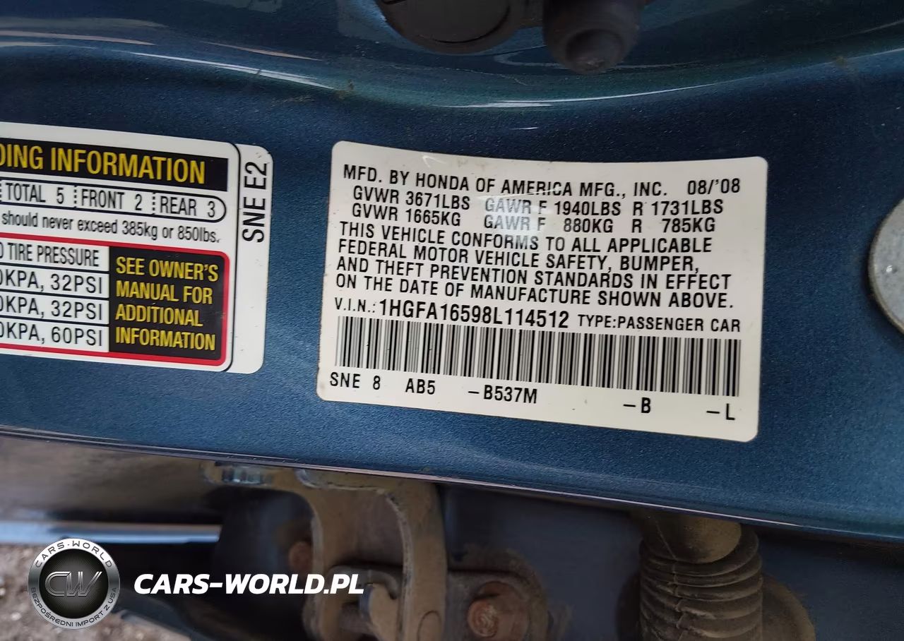 2008 Honda Civic Lx VIN:1HGFA16598L114512 - 9