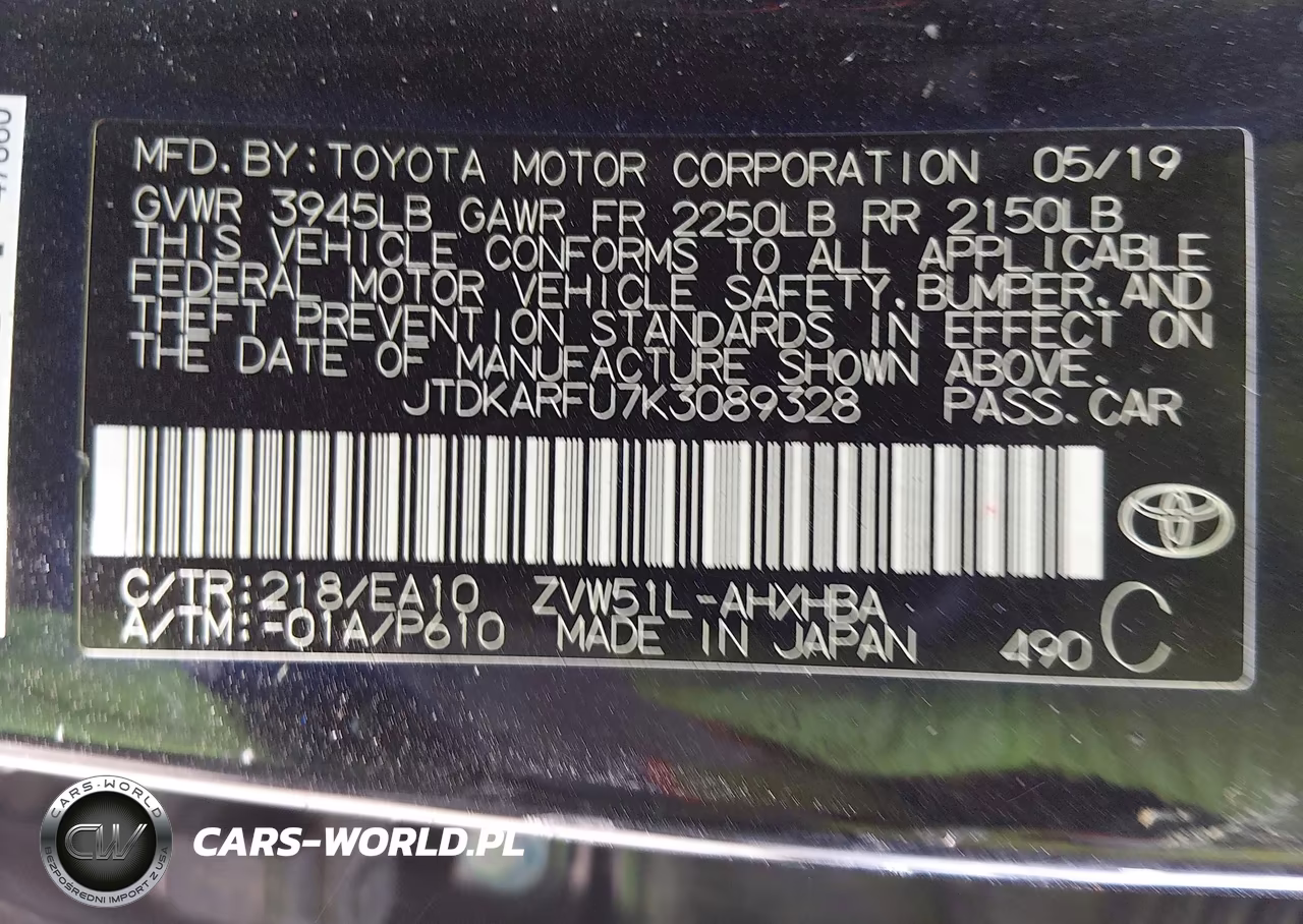2019 Toyota Prius Xle VIN:JTDKARFU7K3089328 - 9
