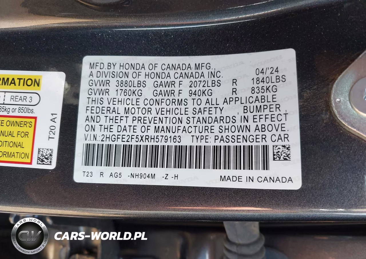 2024 Honda Civic Sport VIN:2HGFE2F5XRH579163 - 9