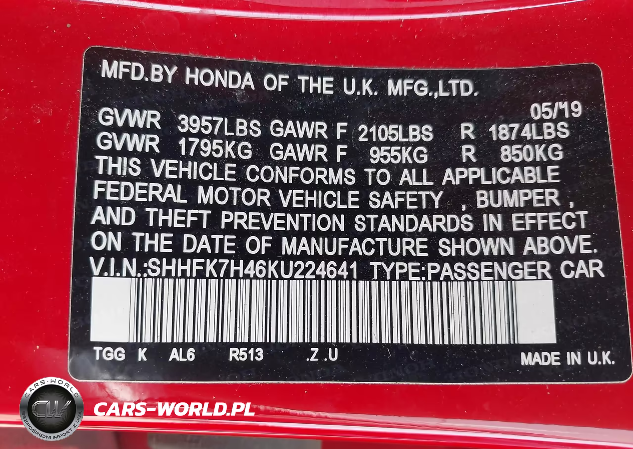 2019 Honda Civic Sport VIN:SHHFK7H46KU224641 - 9