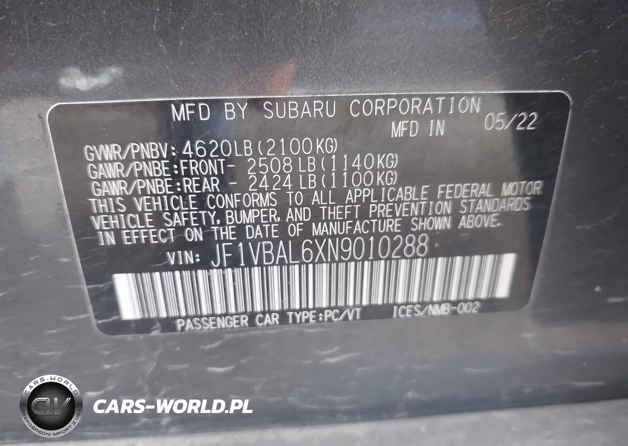 2022 Subaru Wrx Limited VIN:JF1VBAL6XN9010288 - 9