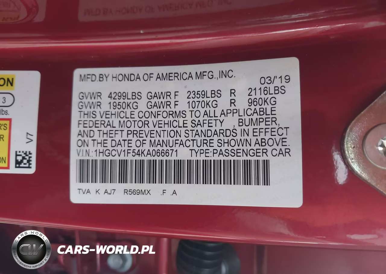2019 Honda Accord Exl VIN:1HGCV1F54KA066671 - 9