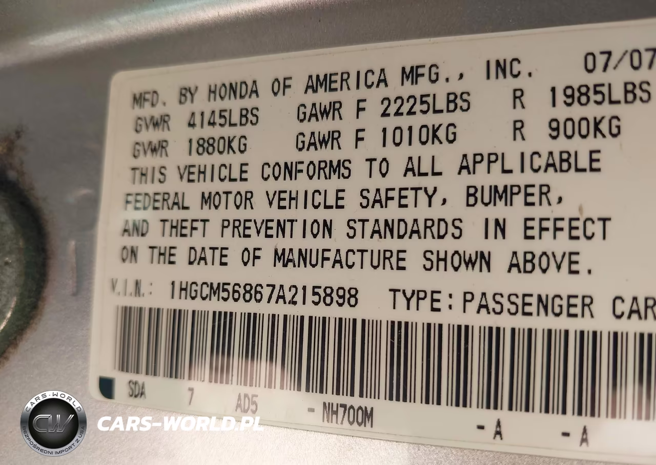 2007 Honda Accord 2.4 Ex VIN:1HGCM56867A215898 - 9