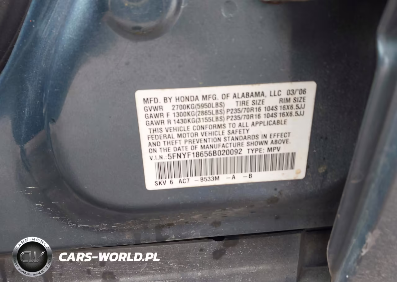 2006 Honda Pilot Ex-L VIN:5FNYF18656B020092 - 9