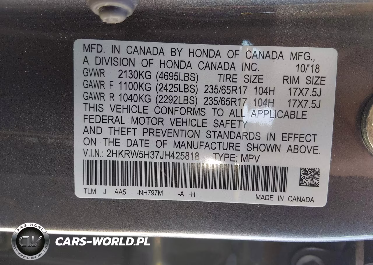 2018 Honda Cr-V Lx VIN:2HKRW5H37JH425818 - 9