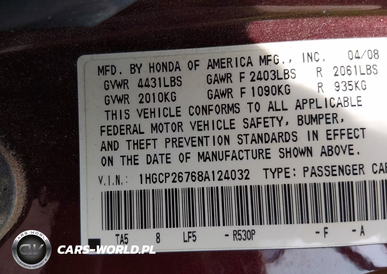 2008 Honda Accord 2.4 Ex VIN:1HGCP26768A124032 - 9