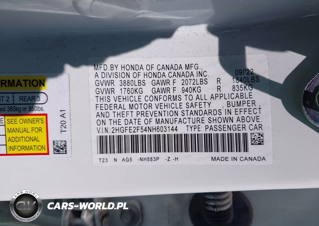 2022 Honda Civic Sport VIN:2HGFE2F54NH603144 - 9