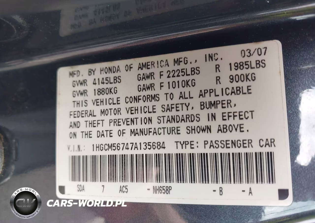 2007 Honda Accord 2.4 Ex VIN:1HGCM56747A135684 - 9
