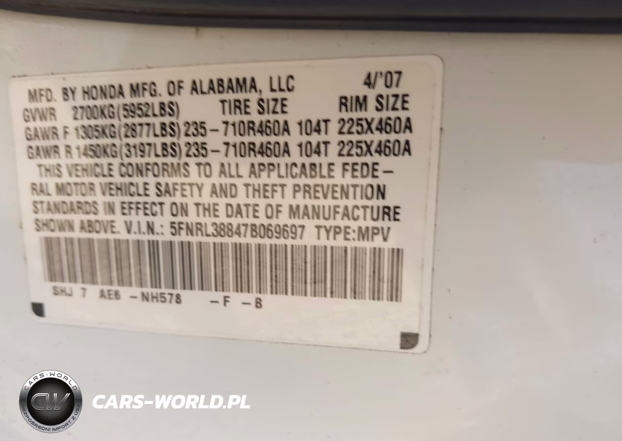 2007 Honda Odyssey Touring VIN:5FNRL38847B069697 - 9