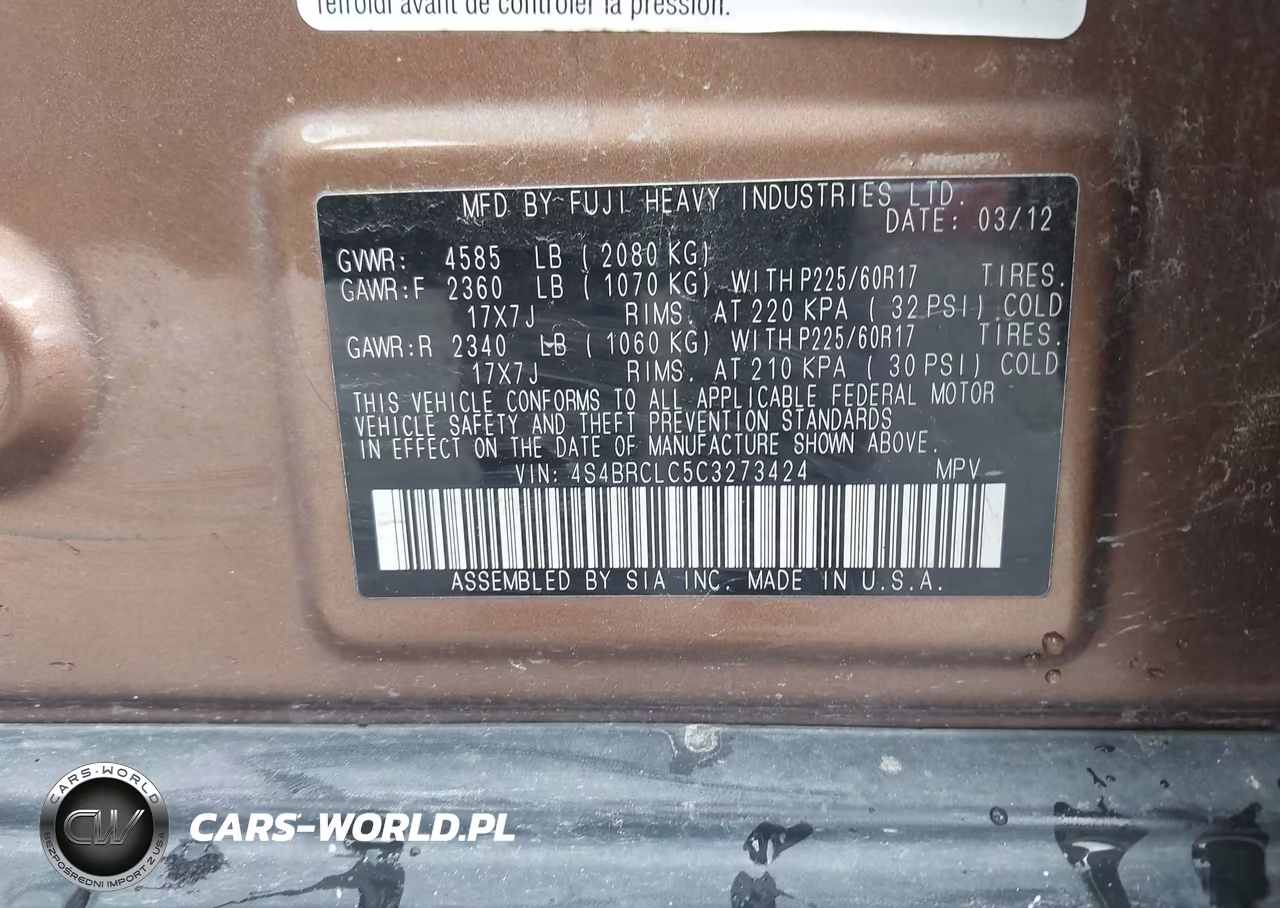 2012 Subaru Outback 2.5I Limited VIN:4S4BRCLC5C3273424 - 9