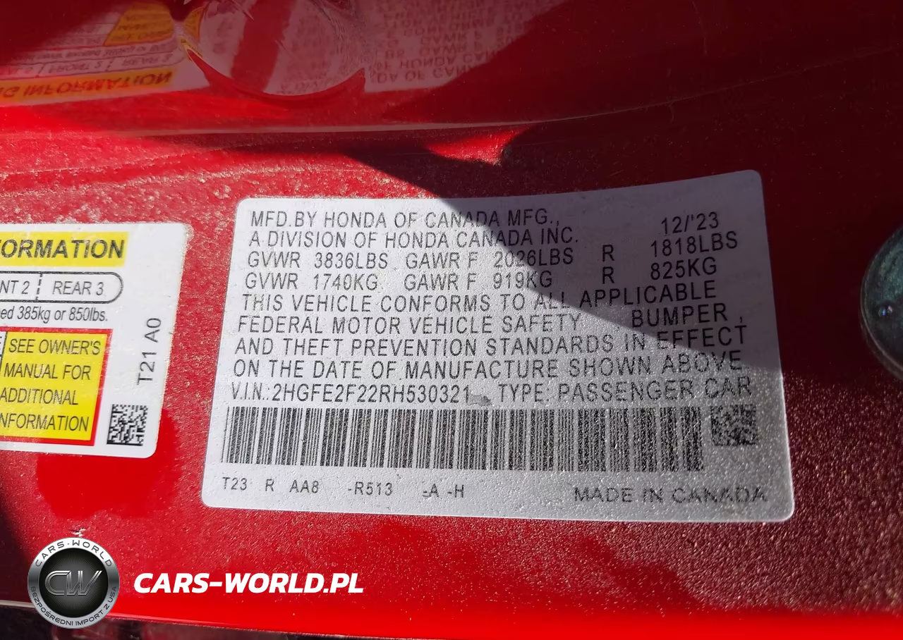 2024 Honda Civic Lx VIN:2HGFE2F22RH530321 - 9