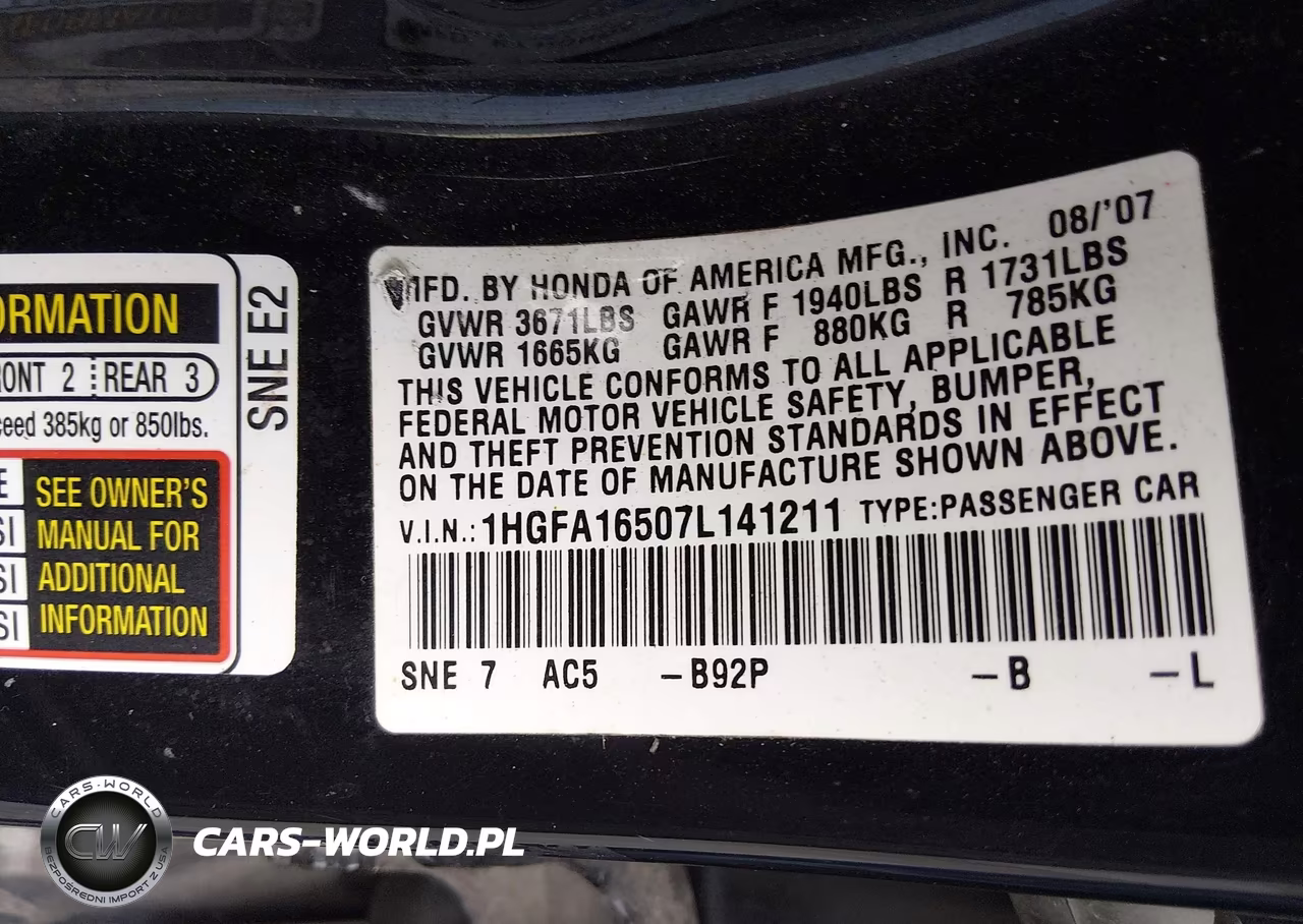 2007 Honda Civic Lx VIN:1HGFA16507L141211 - 9