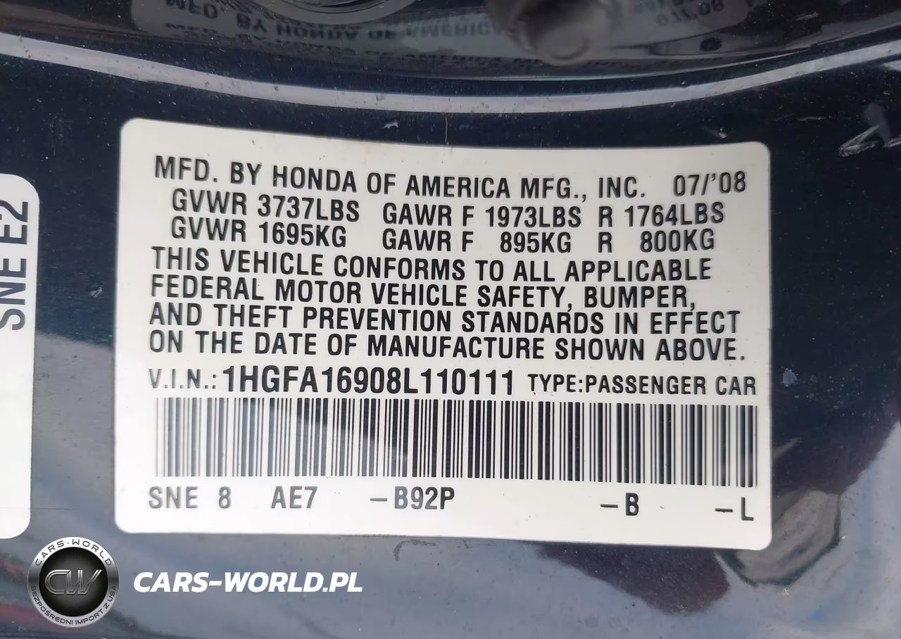 2008 Honda Civic Ex-L VIN:1HGFA16908L110111 - 9