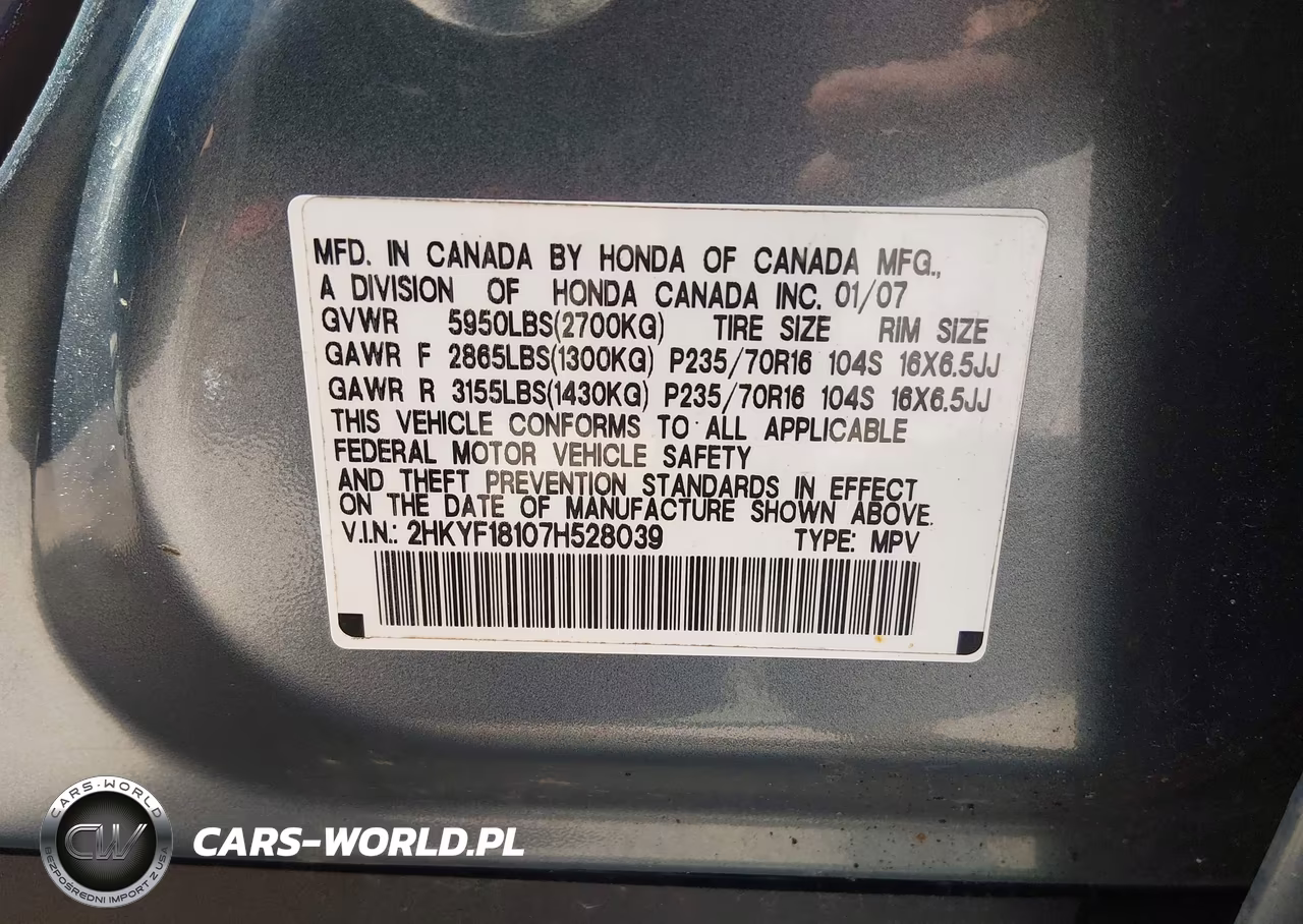 2007 Honda Pilot Lx VIN:2HKYF18107H528039 - 9