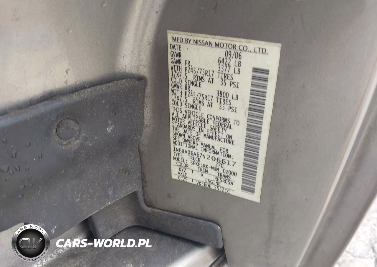 2007 Nissan Titan Xe VIN:1N6BA06A67N206617 - 9