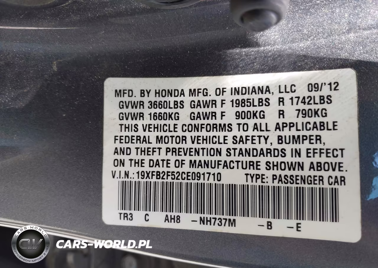 2012 Honda Civic Lx VIN:19XFB2F52CE091710 - 9