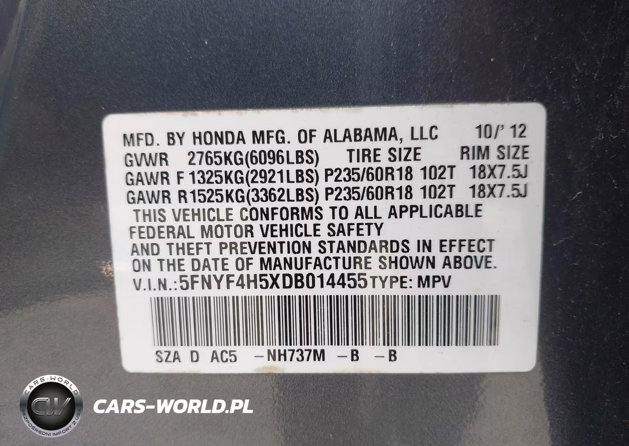 2013 Honda Pilot Ex-L VIN:5FNYF4H5XDB014455 - 9