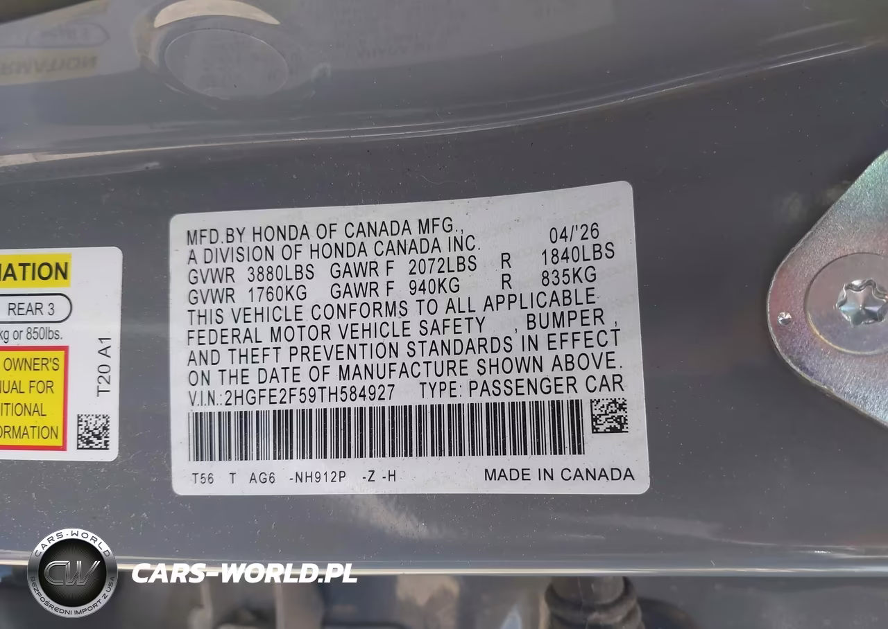 2026 Honda Civic Sport VIN:2HGFE2F59TH584927 - 9