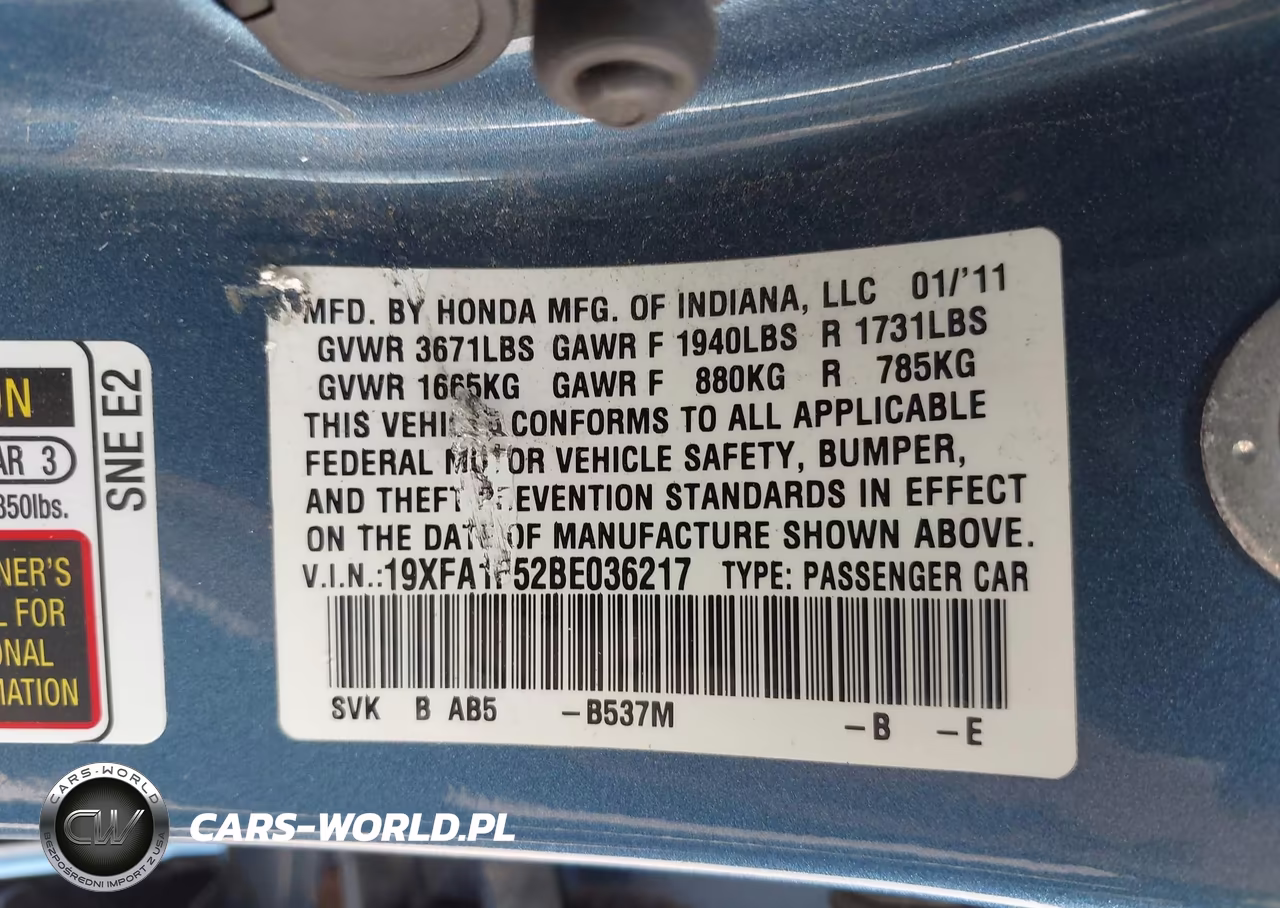 2011 Honda Civic Lx VIN:19XFA1F52BE036217 - 9