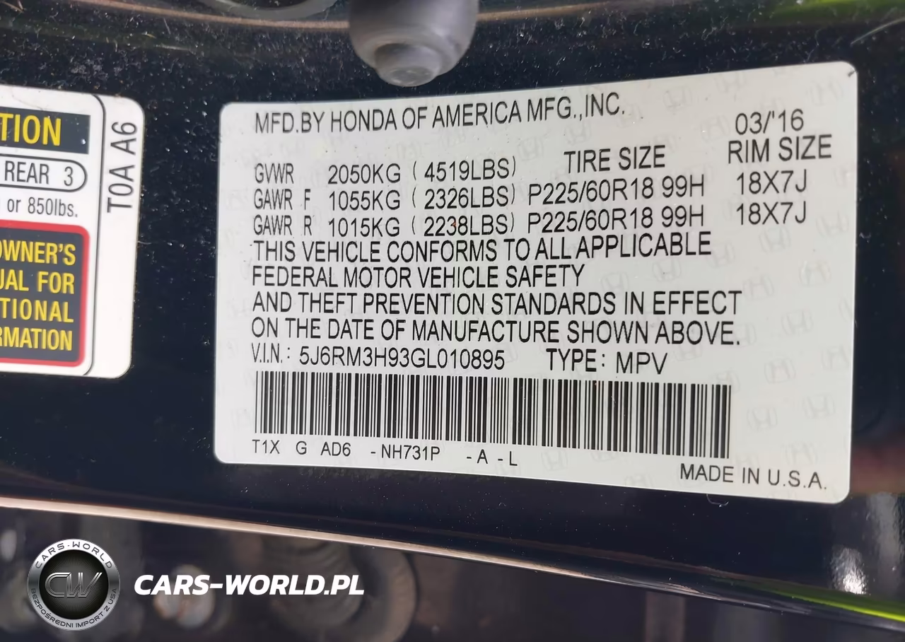 2016 Honda Cr-V Touring VIN:5J6RM3H93GL010895 - 9