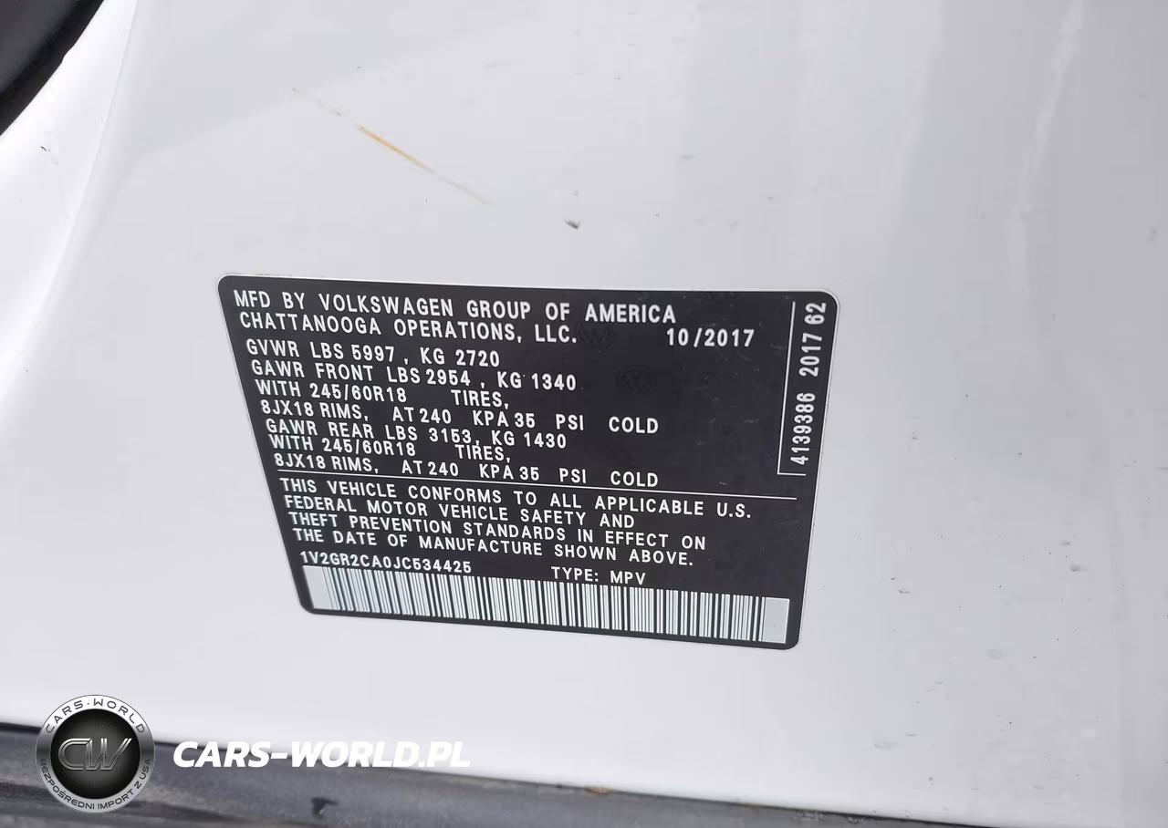 2018 Volkswagen Atlas 3.6L V6 S VIN:1V2GR2CA0JC534425 - 9