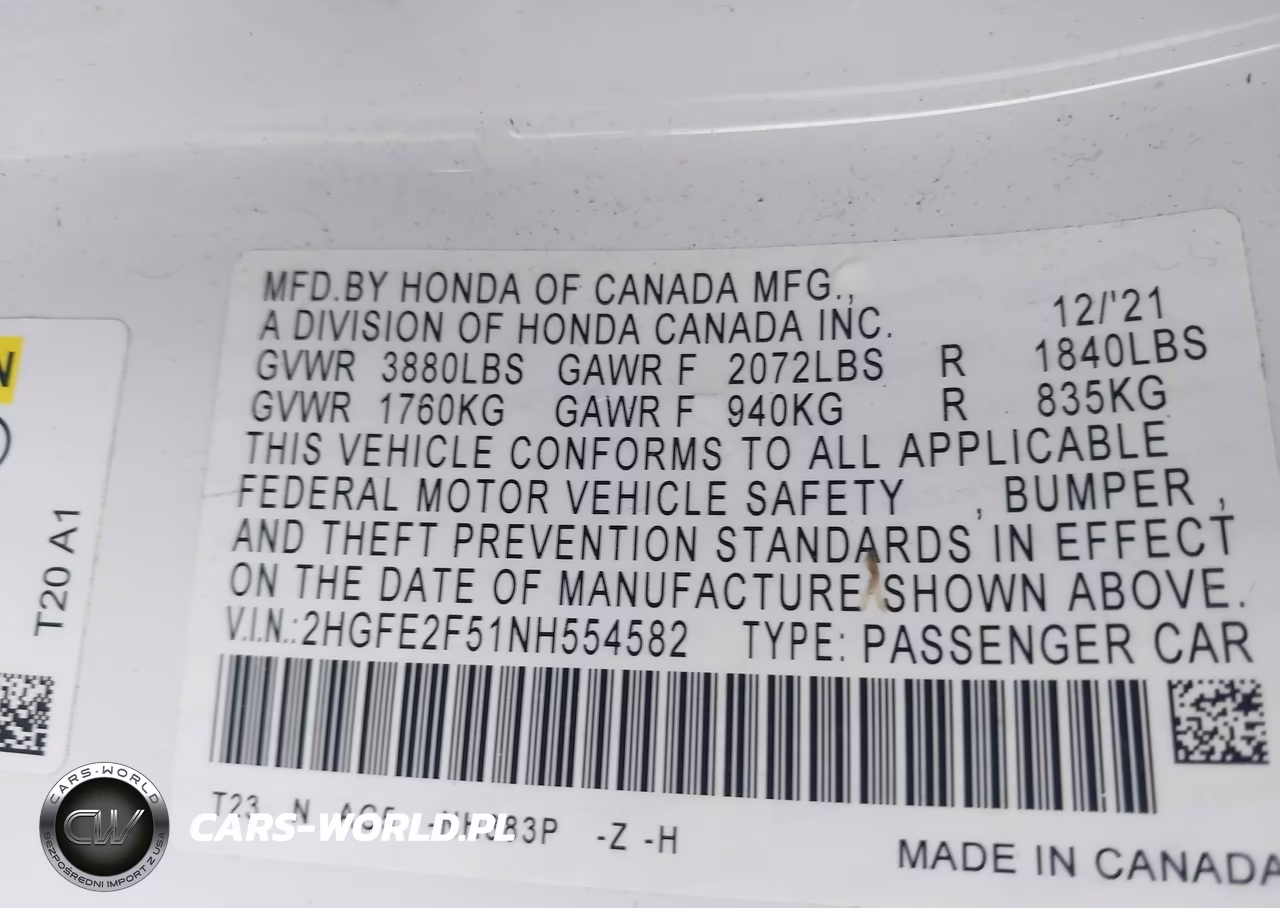 2022 Honda Civic Sport VIN:2HGFE2F51NH554582 - 9