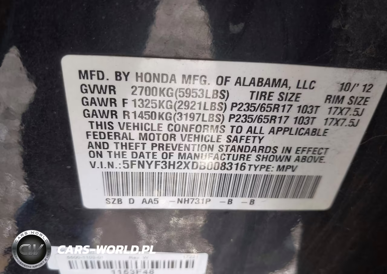 2013 Honda Pilot Lx VIN:5FNYF3H2XDB008316 - 9