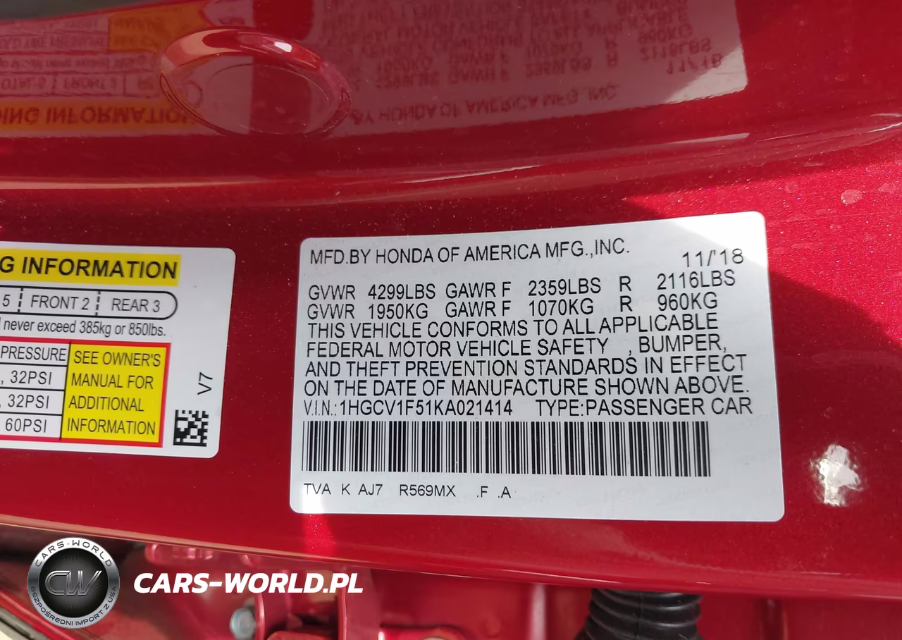 2019 Honda Accord Ex-L VIN:1HGCV1F51KA021414 - 9