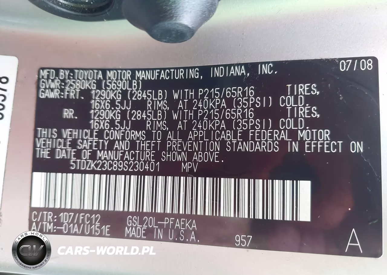 2009 Toyota Sienna Le VIN:5TDZK23C89S230401 - 9