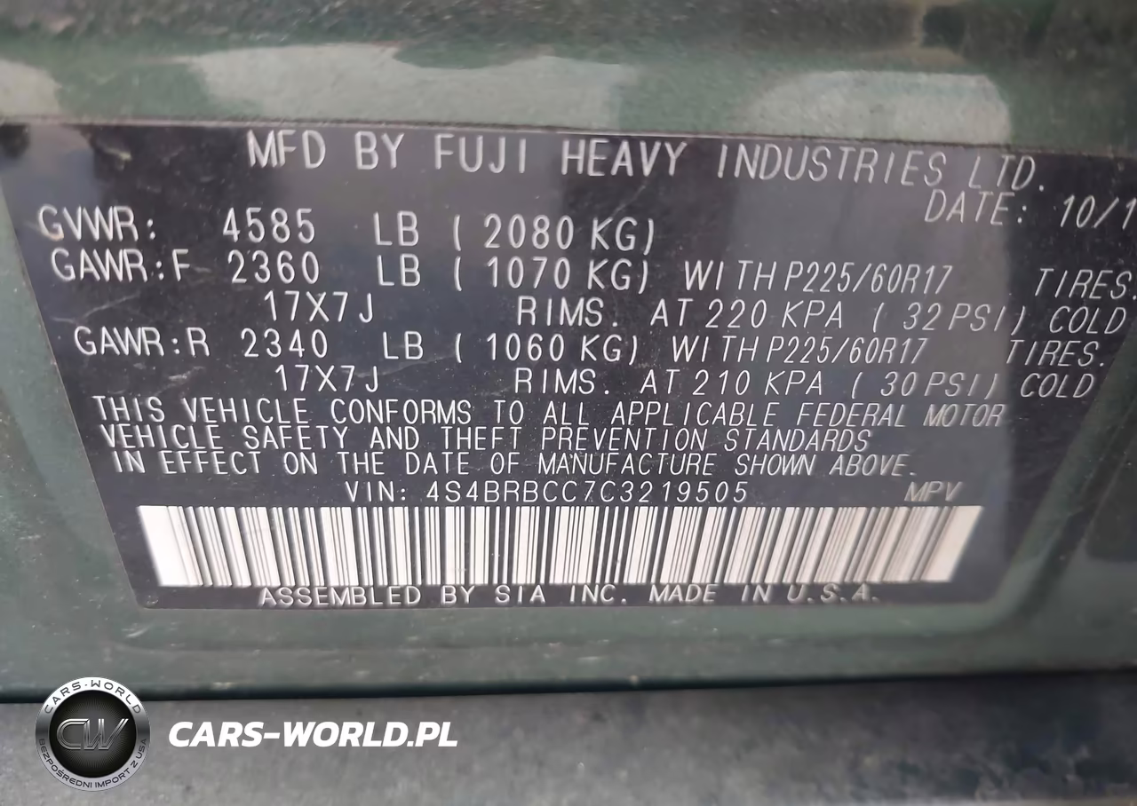 2012 Subaru Outback 2.5I Premium VIN:4S4BRBCC7C3219505 - 9