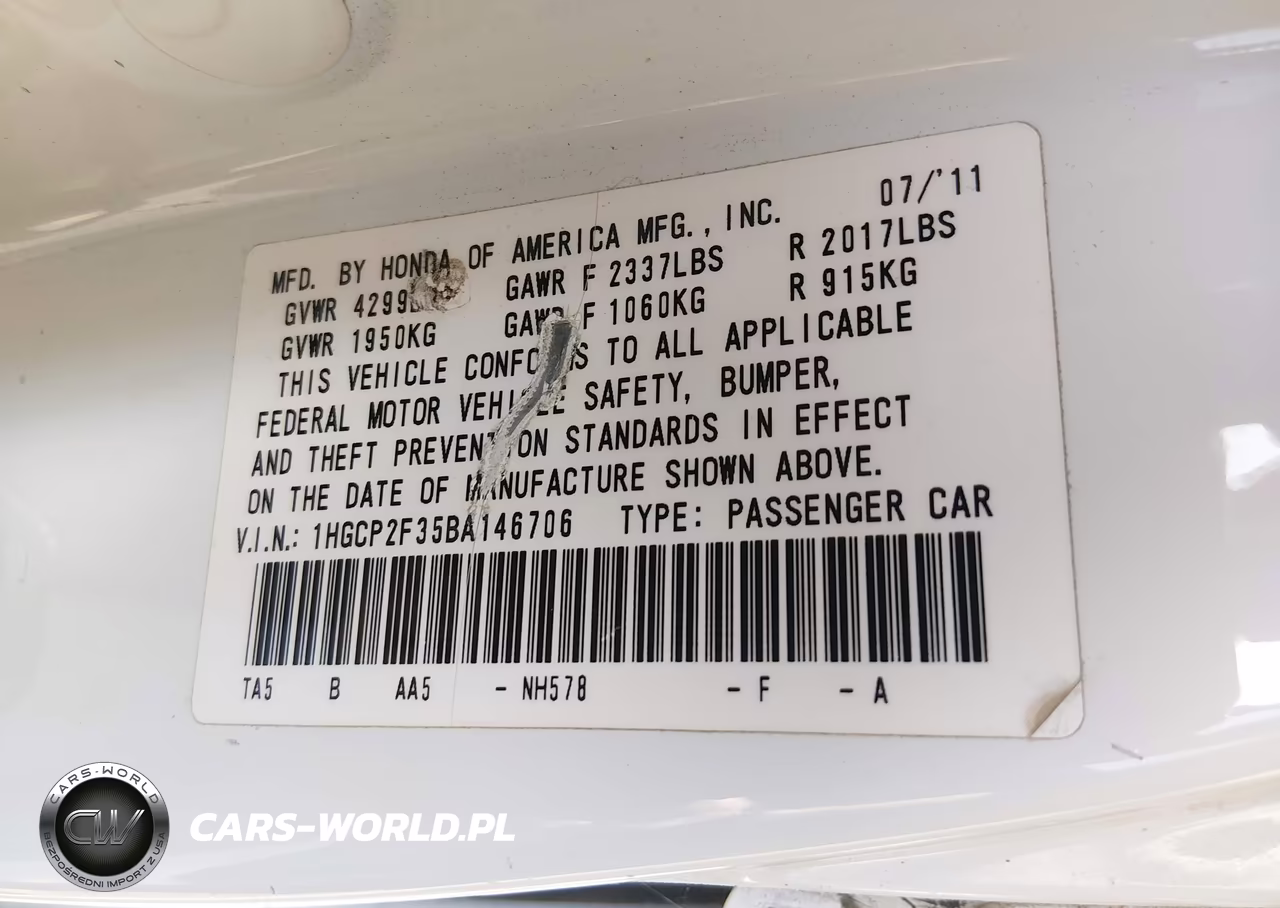 2011 Honda Accord 2.4 Lx VIN:1HGCP2F35BA146706 - 9