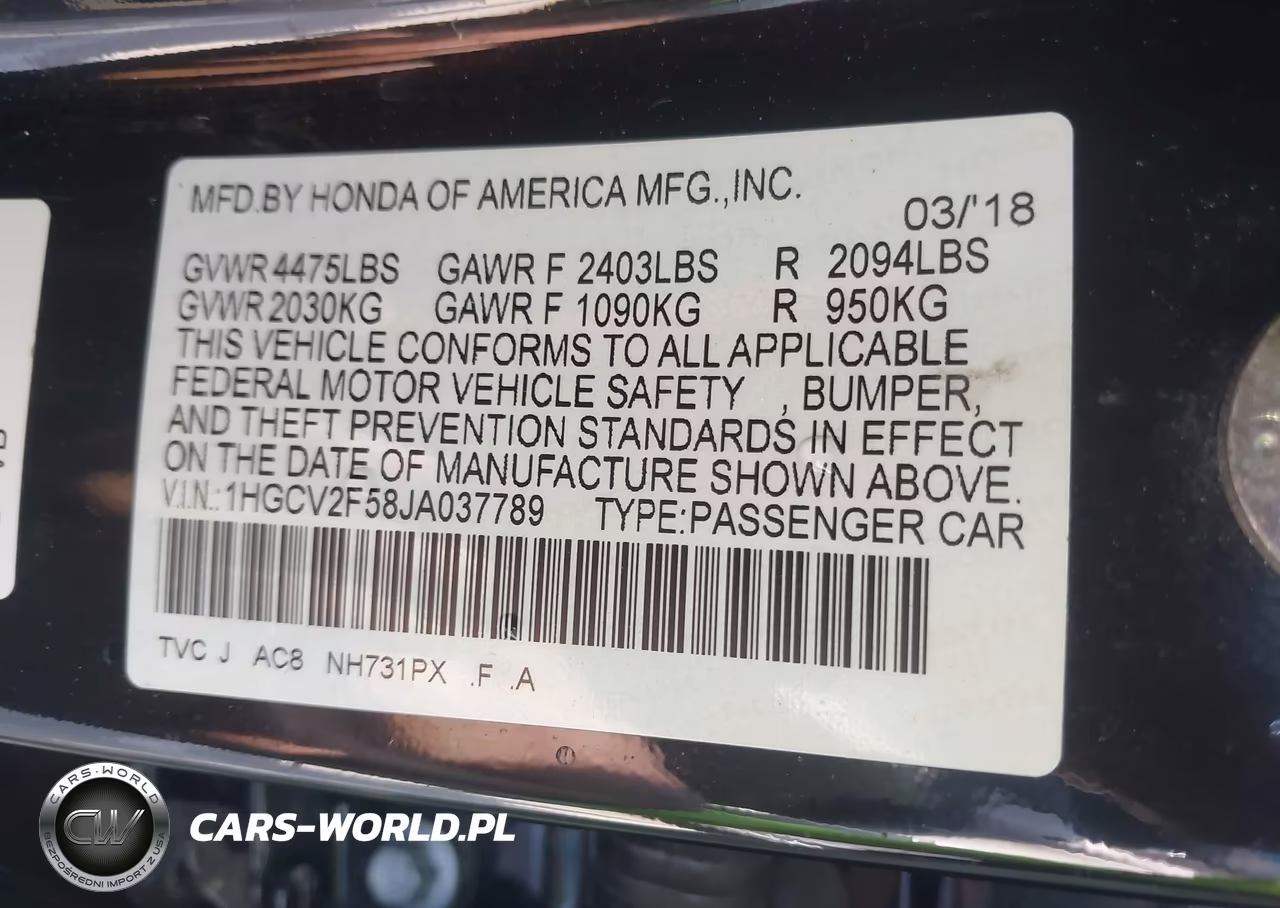 2018 Honda Accord Ex-L 2.0T VIN:1HGCV2F58JA037789 - 9