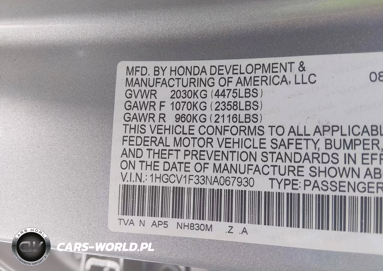 2022 Honda Accord Sport VIN:1HGCV1F33NA067930 - 9