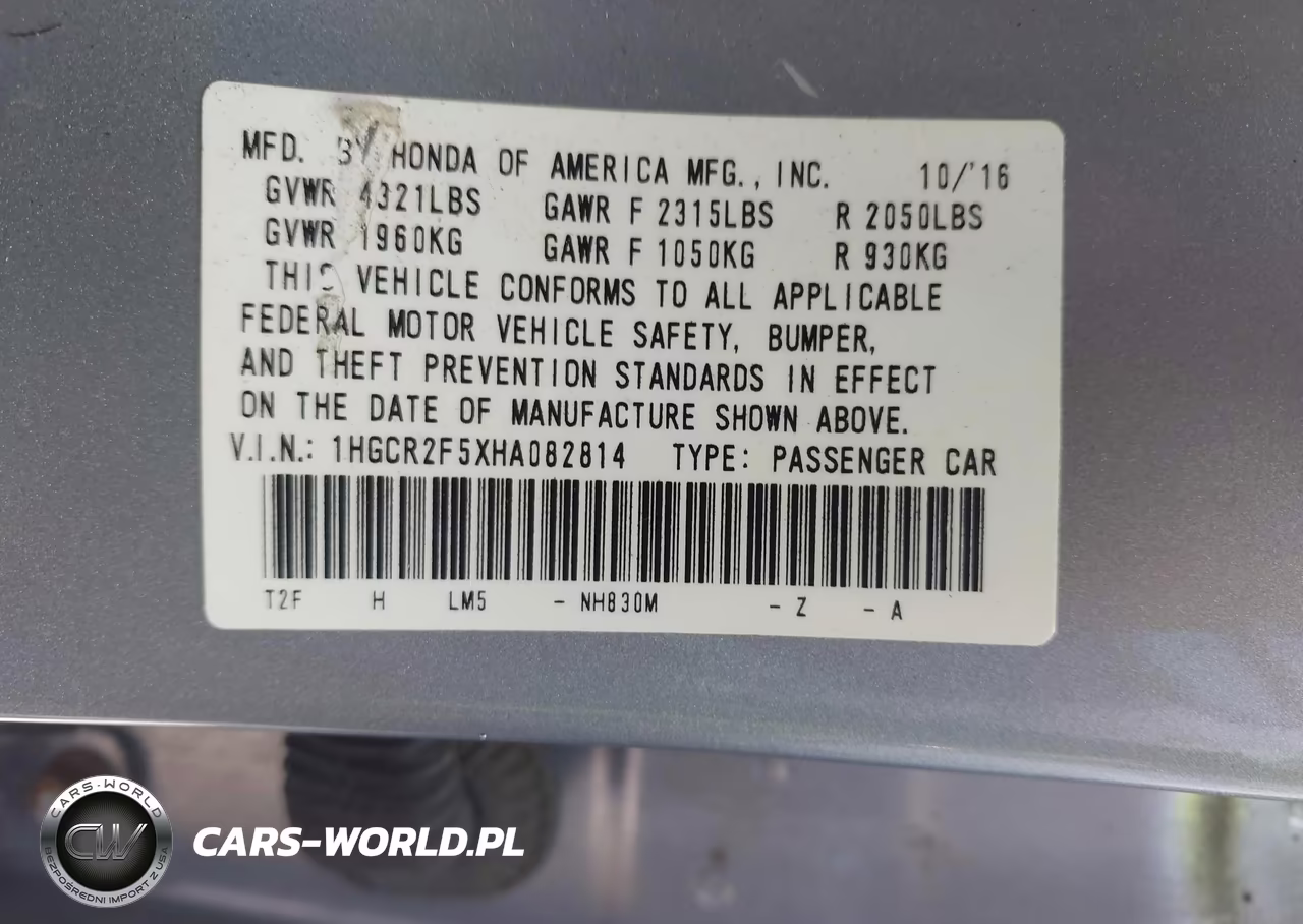 2017 Honda Accord Sport VIN:1HGCR2F5XHA082814 - 9