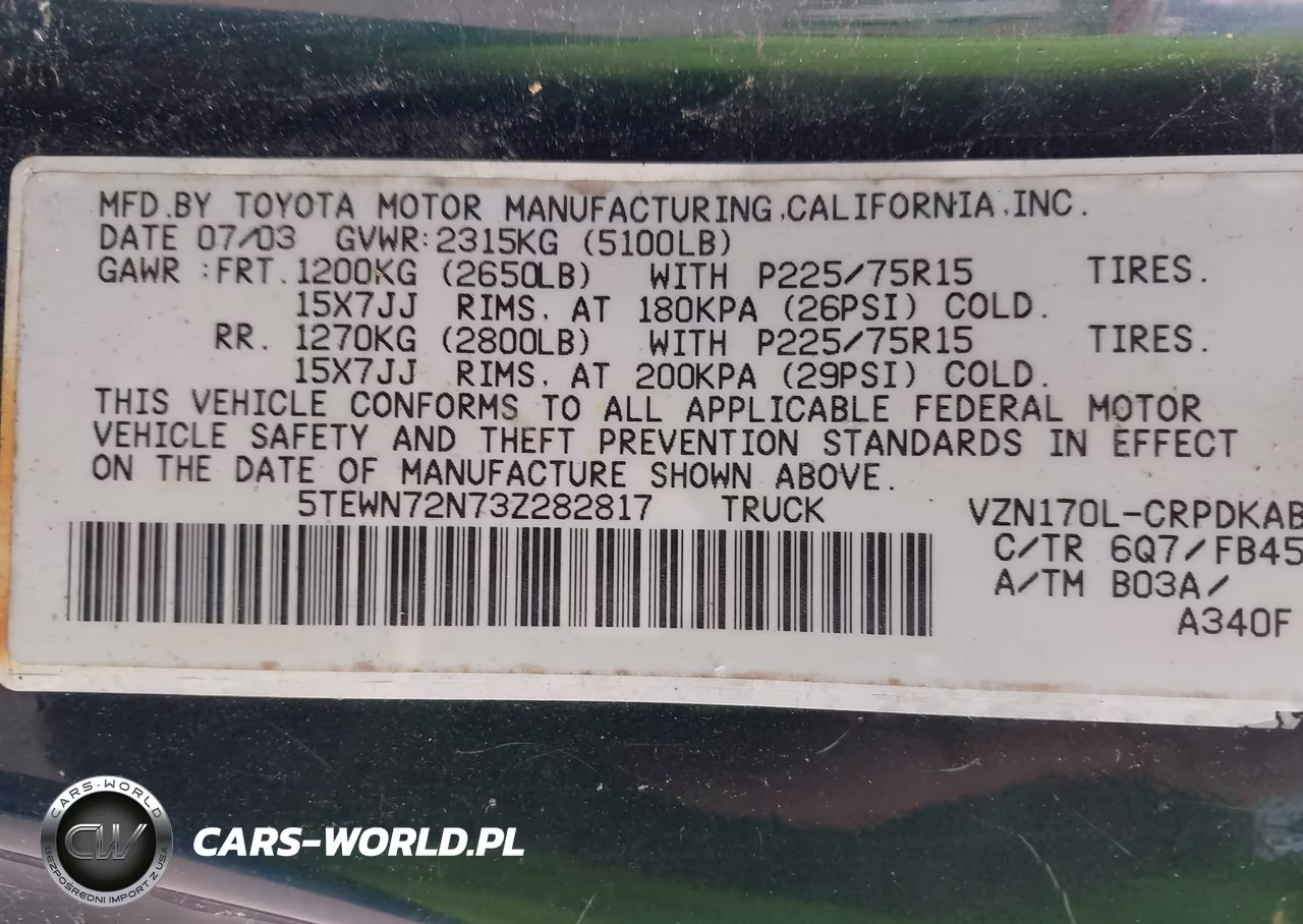 2003 Toyota Tacoma Base V6 VIN:5TEWN72N73Z282817 - 9