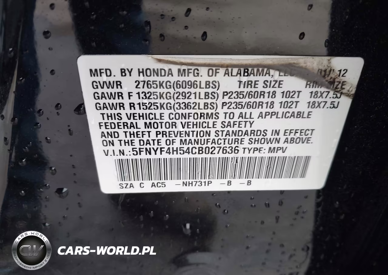 2012 Honda Pilot Ex-L VIN:5FNYF4H54CB027636 - 9
