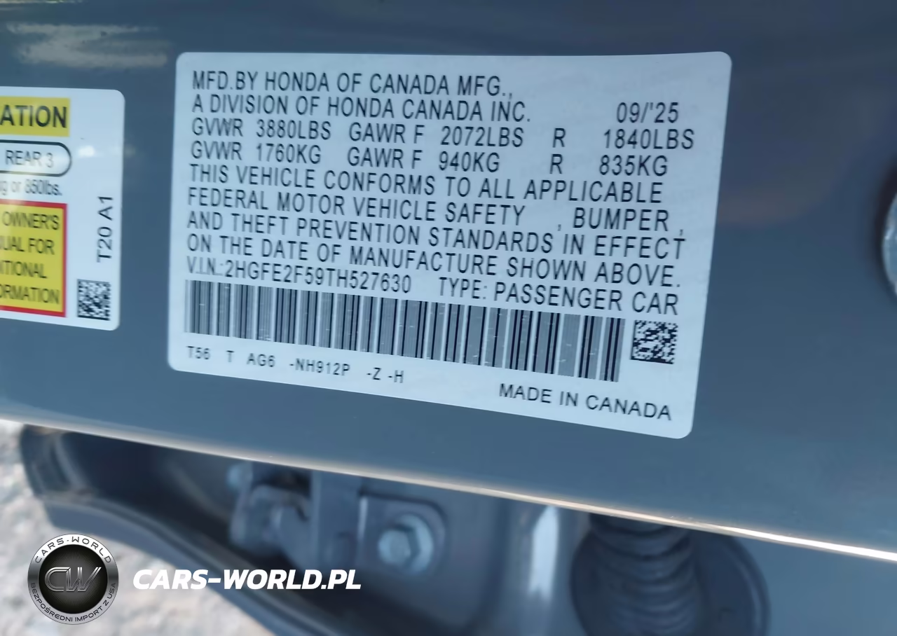 2026 Honda Civic Sport VIN:2HGFE2F59TH527630 - 9