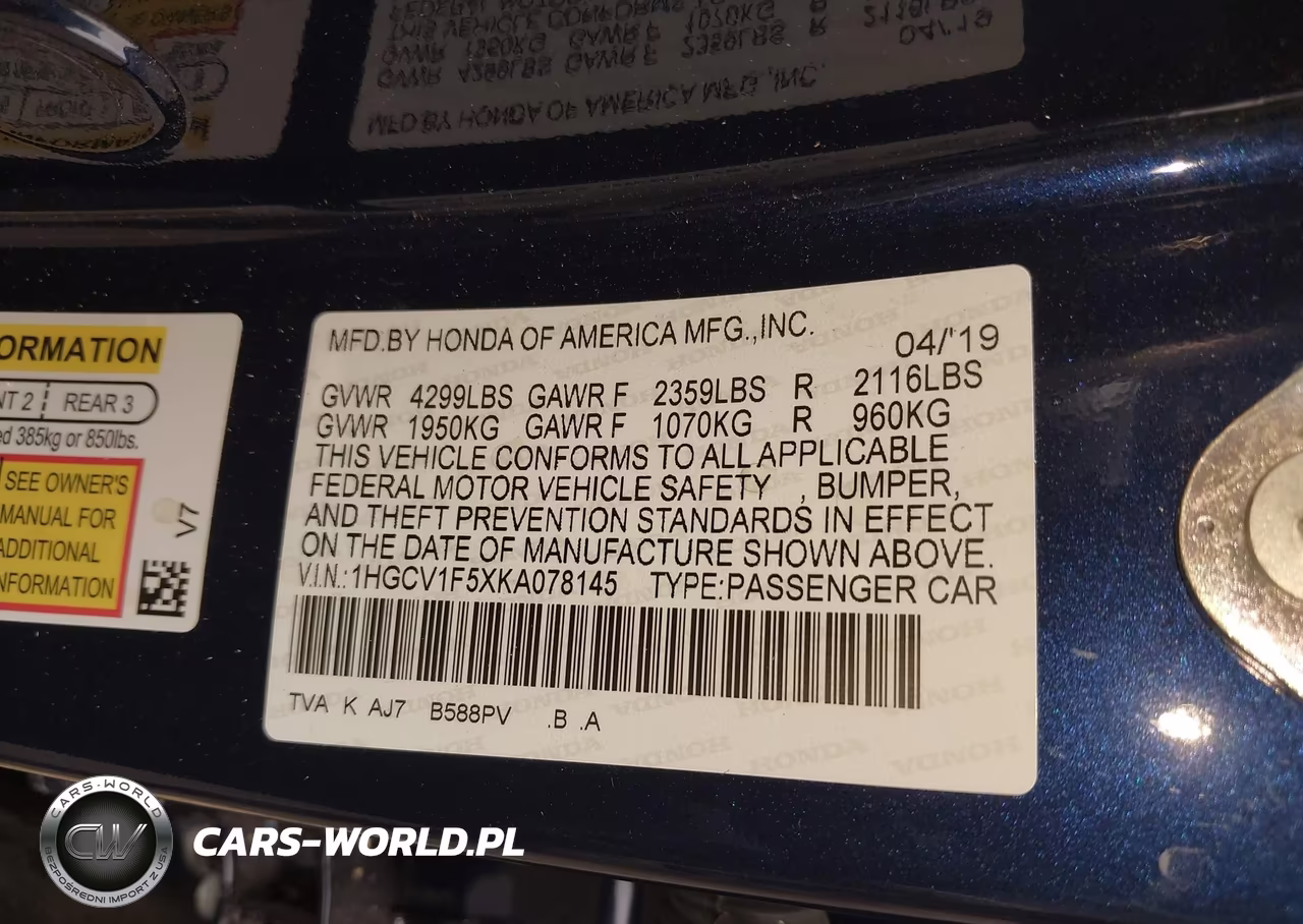 2019 Honda Accord Ex-L VIN:1HGCV1F5XKA078145 - 9
