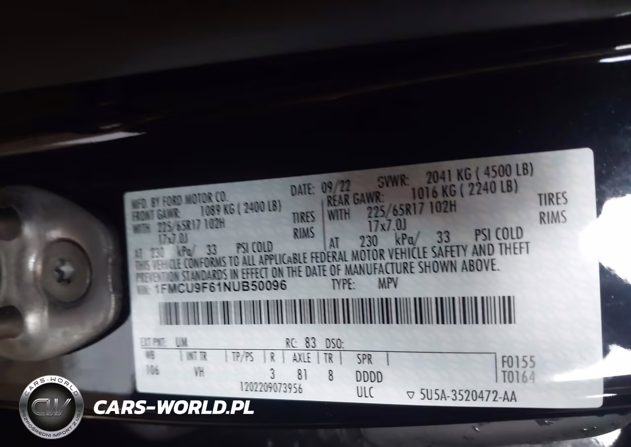 2022 Ford Escape S VIN:1FMCU9F61NUB50096 - 9