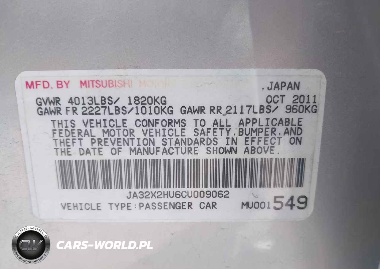 2012 Mitsubishi Lancer Sportback Es VIN:JA32X2HU6CU009062 - 9