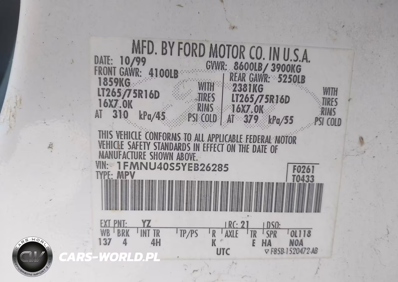 2000 Ford Excursion Xlt VIN:1FMNU40S5YEB26285 - 9