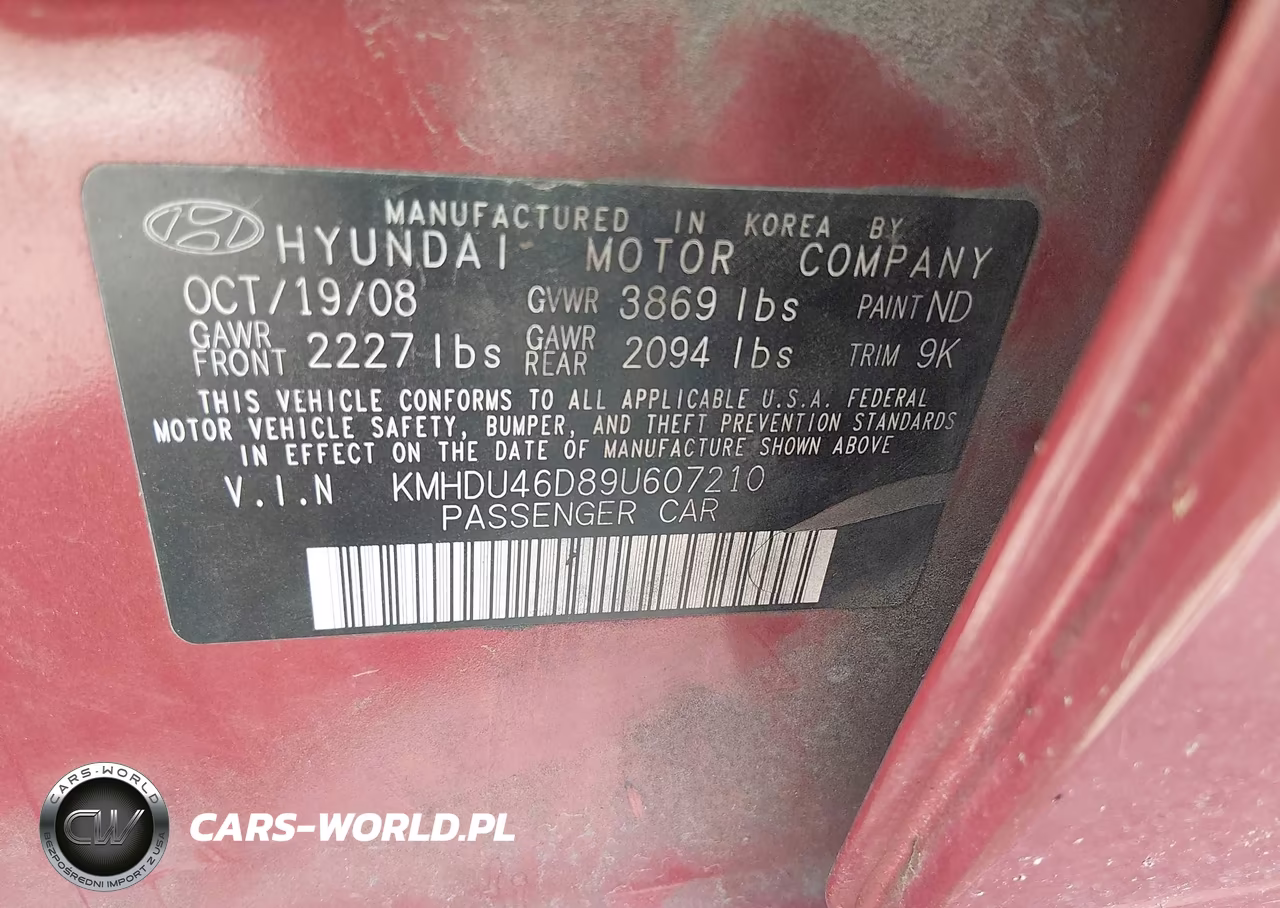 2009 Hyundai Elantra Gls VIN:KMHDU46D89U607210 - 9