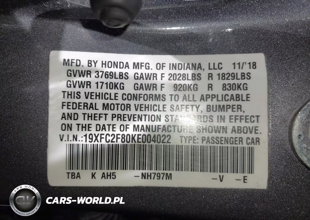 2019 Honda Civic Sport VIN:19XFC2F80KE004022 - 9