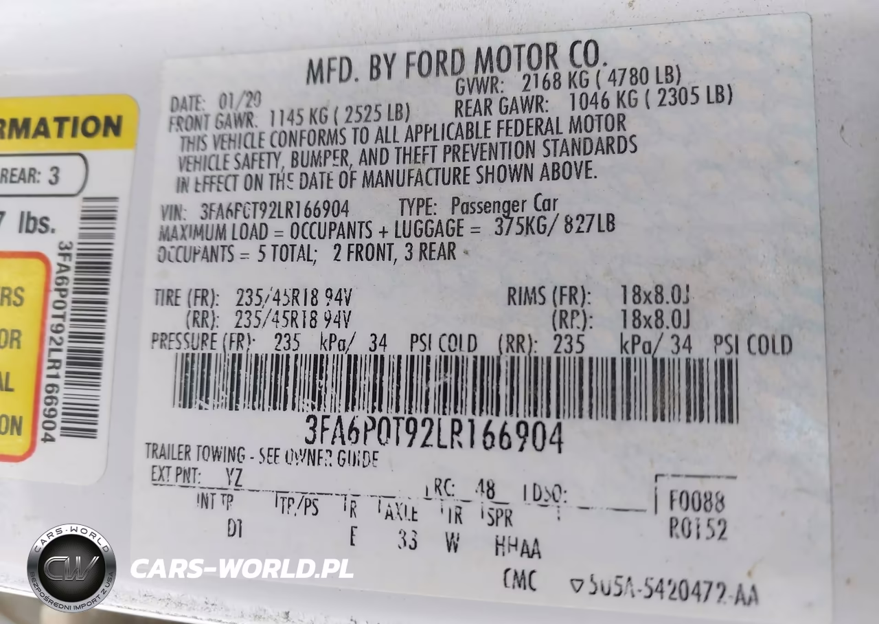 2020 Ford Fusion Se VIN:3FA6P0T92LR166904 - 9