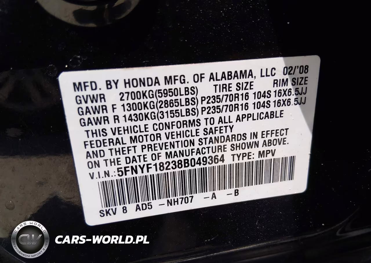 2008 Honda Pilot Vp VIN:5FNYF18238B049364 - 9